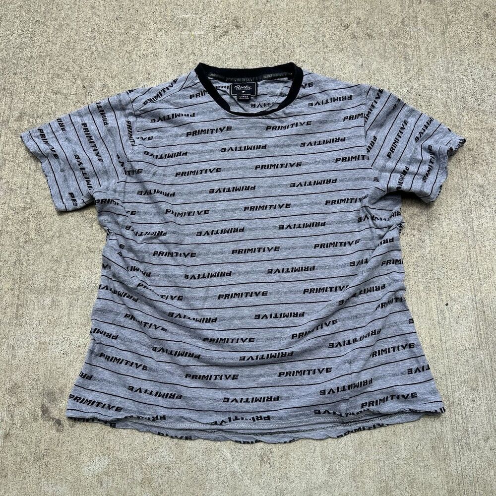 Primitive Mens T Shirt Large L Logo Camisa Gray Short Sleeve Cotton Casual